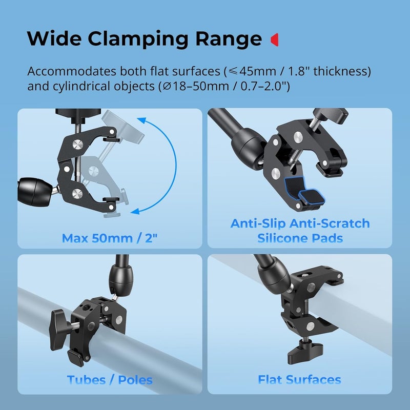 SMALLRIG Desktop Magic Arm Support with Crab-Shaped Clamp Kit, Aluminum Alloy, 24.3x4.5x1.1 in, 0.6lb Payload, for Smartphones, Webcams, Action Cameras, 5624 - Image 4